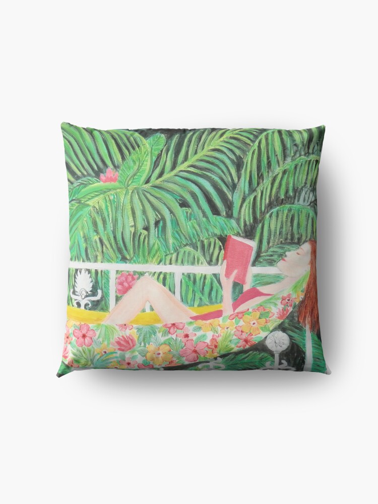 Alternate view of Tropical Hammock, Reading a book in Palm paradise, watercolor and acrylic painting by Magenta Rose Designs Floor Pillow