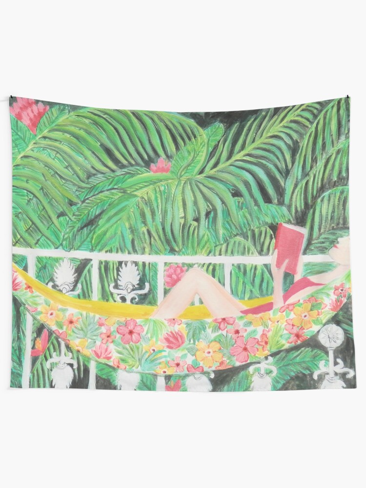 Alternate view of Tropical Hammock, Reading a book in Palm paradise, watercolor and acrylic painting by Magenta Rose Designs Tapestry