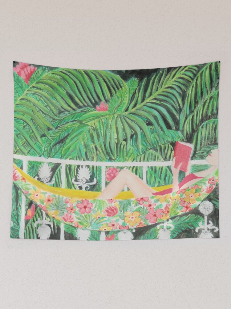 Thumbnail 2 of 3, Tapestry, Kew Gardens Palm House / Girl Reading a book in a floral hammock designed and sold by MagentaRose.