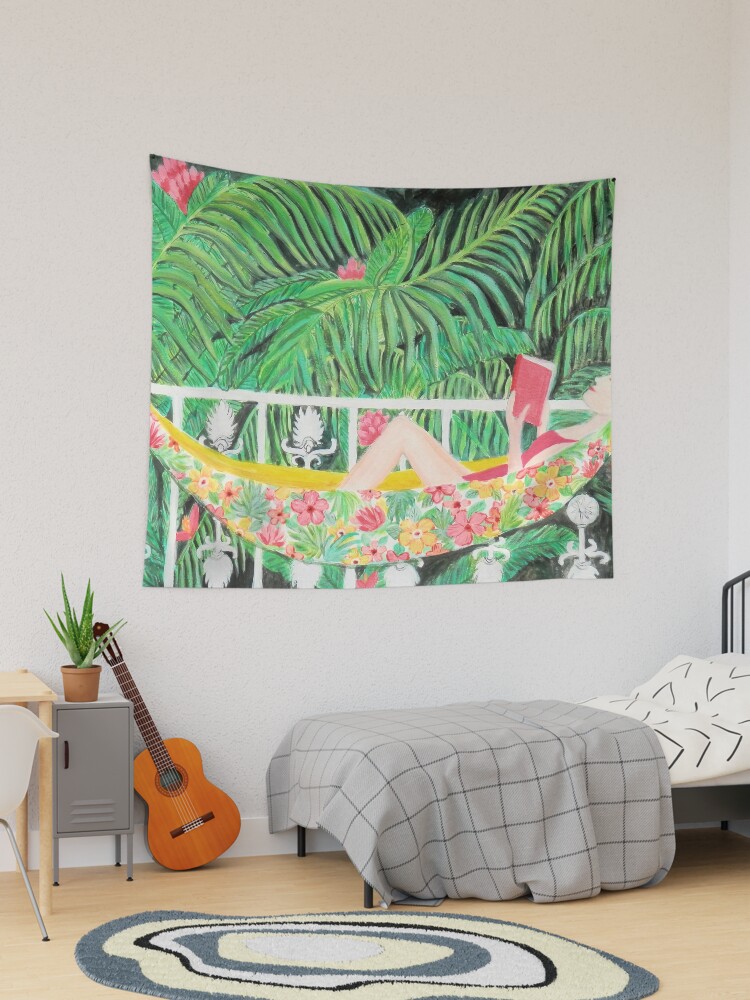 Thumbnail 1 of 3, Tapestry, Kew Gardens Palm House / Girl Reading a book in a floral hammock designed and sold by MagentaRose.
