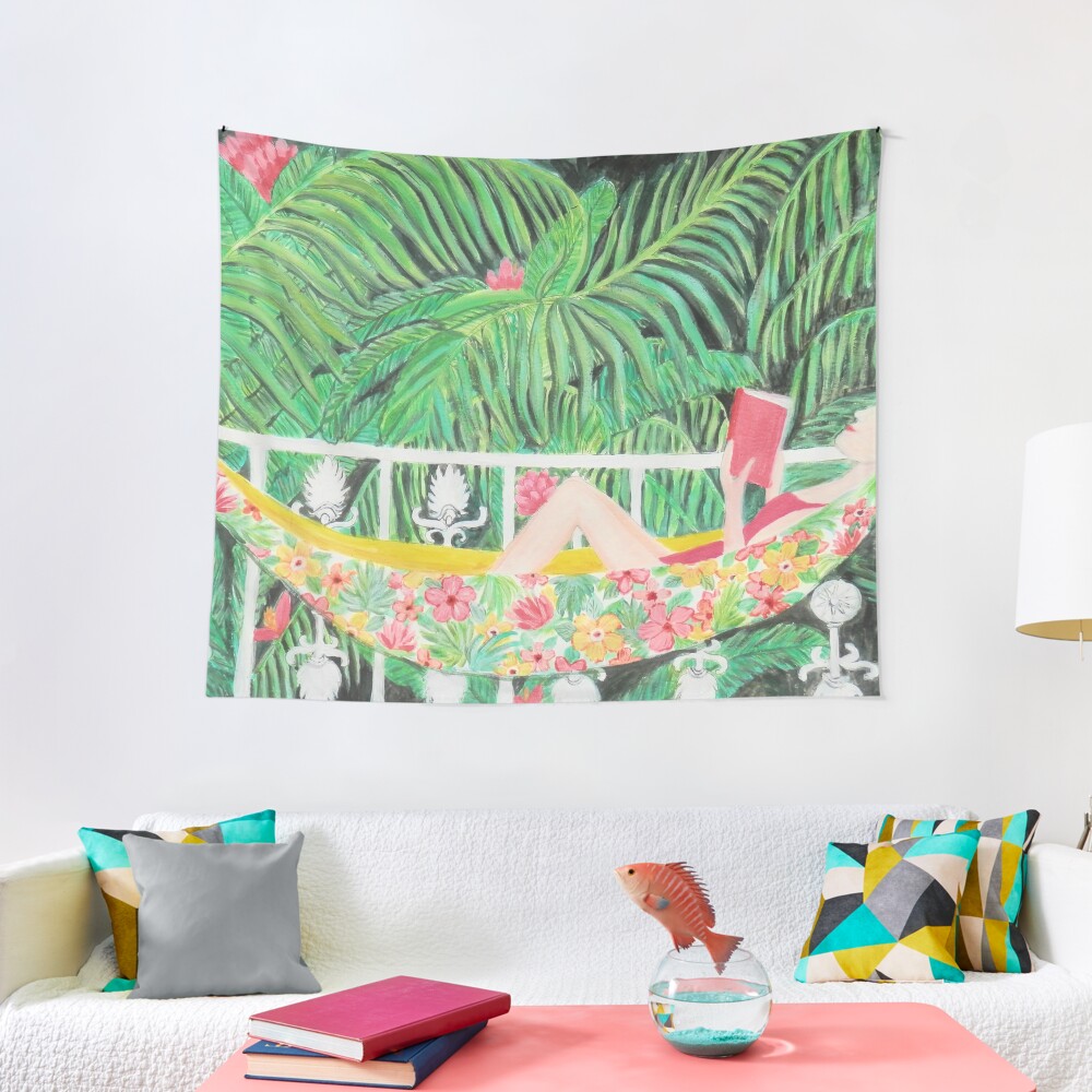 Tropical Hammock, Reading a book in Palm paradise, watercolor and acrylic painting by Magenta Rose Designs Tapestry