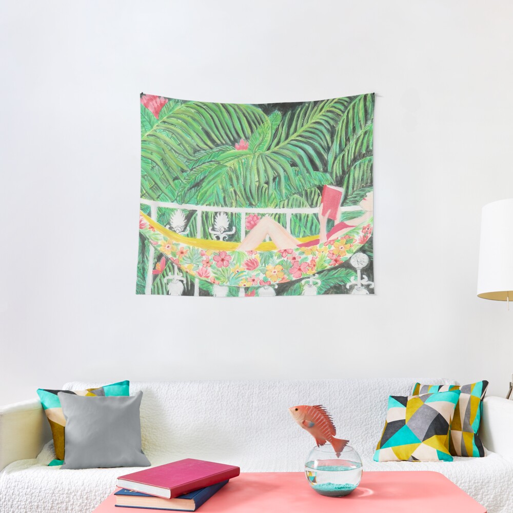 Tropical Hammock, Reading a book in Palm paradise, watercolor and acrylic painting by Magenta Rose Designs Tapestry