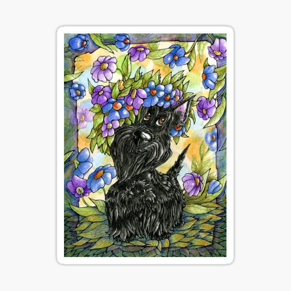 Meadow, Scottish terrier, Flowers, hand painted original design Sticker