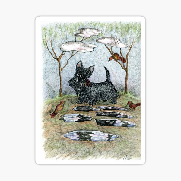 Morning, Scottie, Scottish terrier, Scottie dog, dog, birds, grey, hand painted original design Sticker