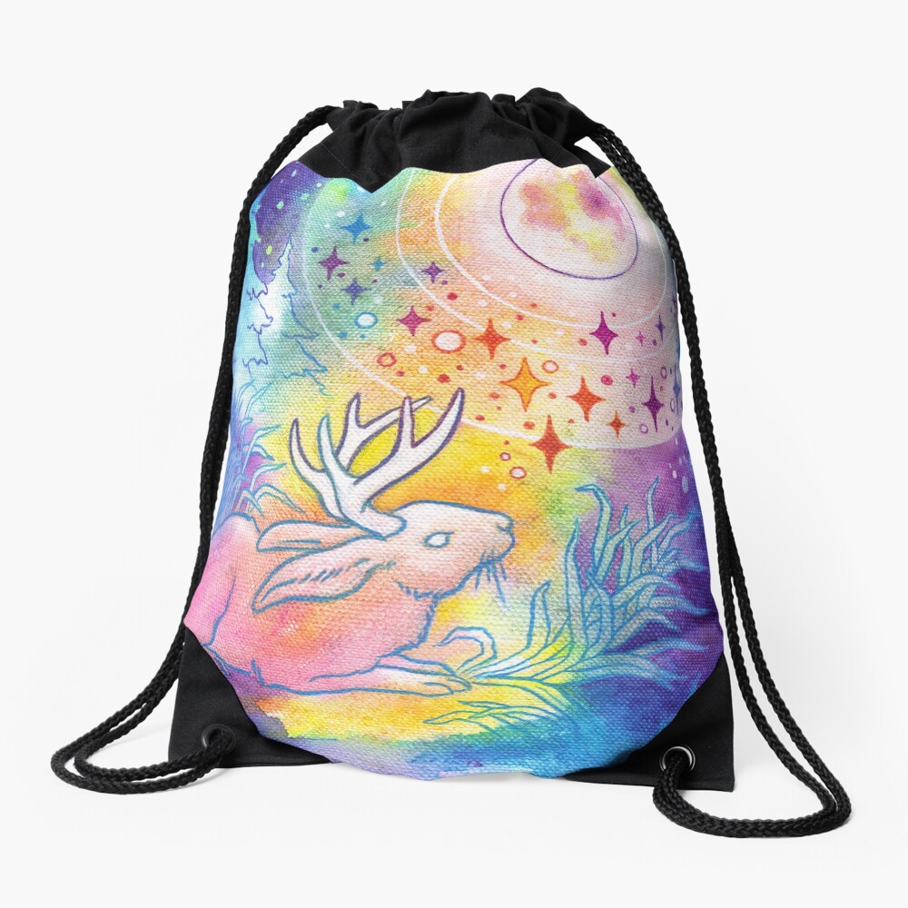 Jackalope of the Night | Rainbow Moon Painting Drawstring Bag
