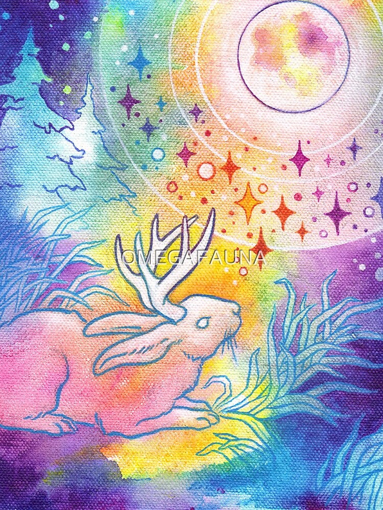 Jackalope of the Night | Rainbow Moon Painting by OMEGAFAUNA