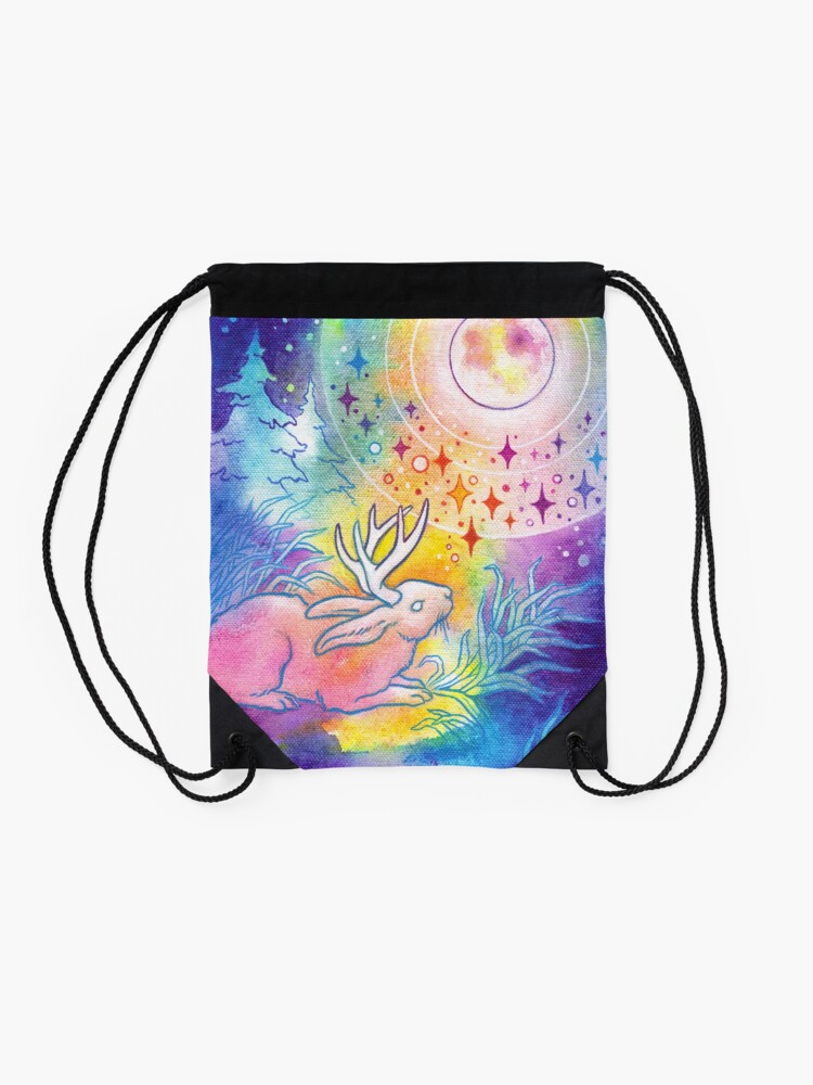 Alternate view of Jackalope of the Night | Rainbow Moon Painting Drawstring Bag