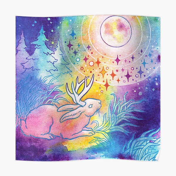 Jackalope of the Night | Rainbow Moon Painting Poster