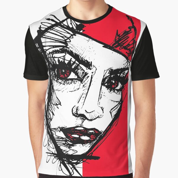 Mask Girl Face Red Sketch handdrawn Grafik T-Shirt