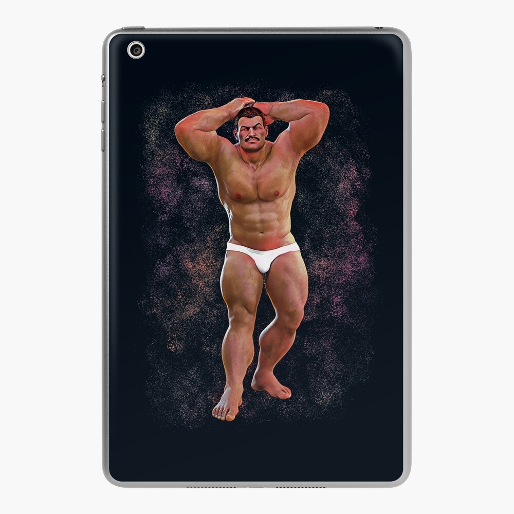 Muscle Moustache Daddy in White Underwear. Bodybuilder Pose. Space Halftone  