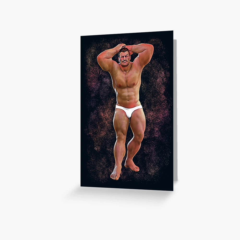 Muscle Moustache Daddy in White Underwear. Bodybuilder Pose. Space Halftone  