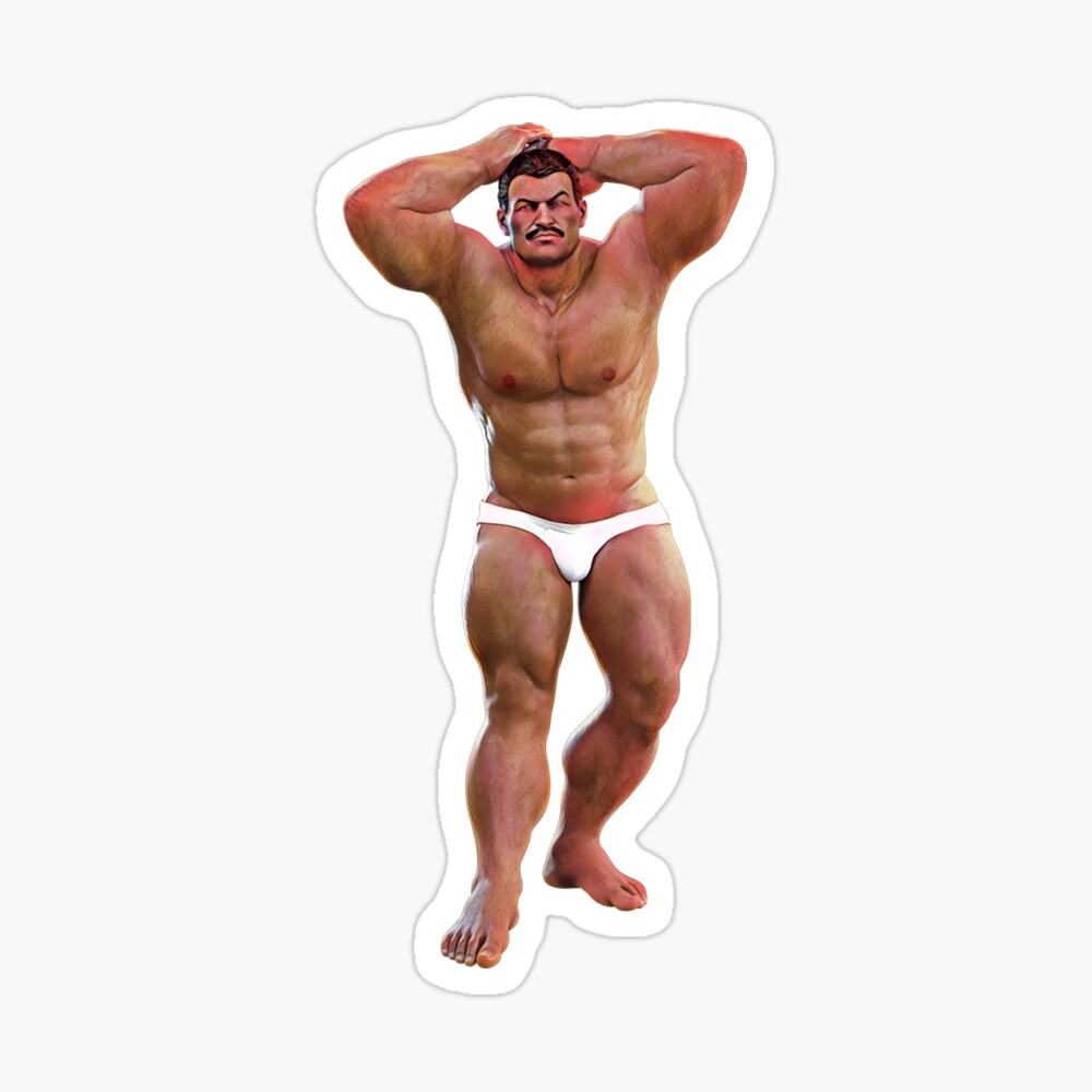 Muscle Moustache Daddy in White Underwear. Bodybuilder Pose. Space Halftone  | Sticker