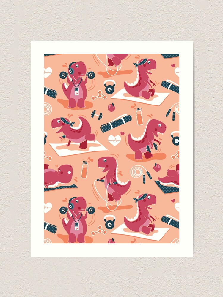 Fitness exercises for a dino // pastel pink background red t-rex