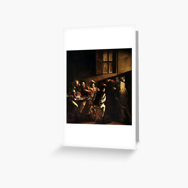The Calling of Saint Matthew, masterpiece, Michelangelo Merisi da Caravaggio, #People, #group, #adult, #art, music, indoors, furniture, painting, flame, men, home interior, light, natural phenomenon Greeting Card