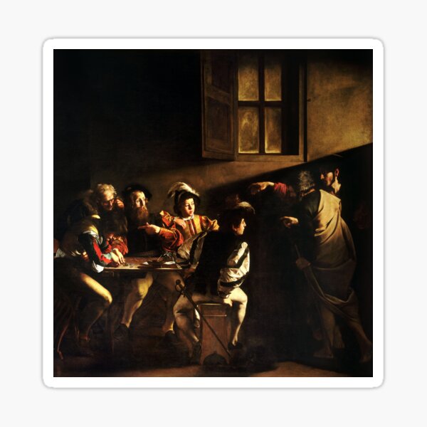 The Calling of Saint Matthew, masterpiece, Michelangelo Merisi da Caravaggio, #People, #group, #adult, #art, music, indoors, furniture, painting, flame, men, home interior, light, natural phenomenon Sticker