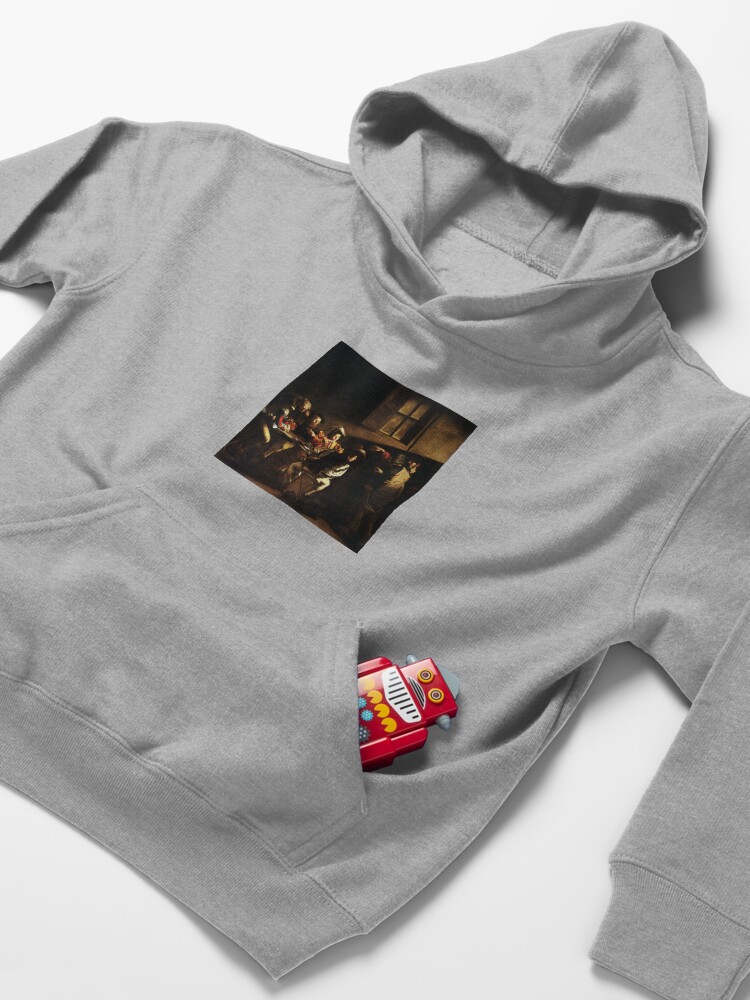 Alternate view of The Calling of Saint Matthew, masterpiece, Michelangelo Merisi da Caravaggio, #People, #group, #adult, #art, music, indoors, furniture, painting, flame, men, home interior, light, natural phenomenon Kids Pullover Hoodie