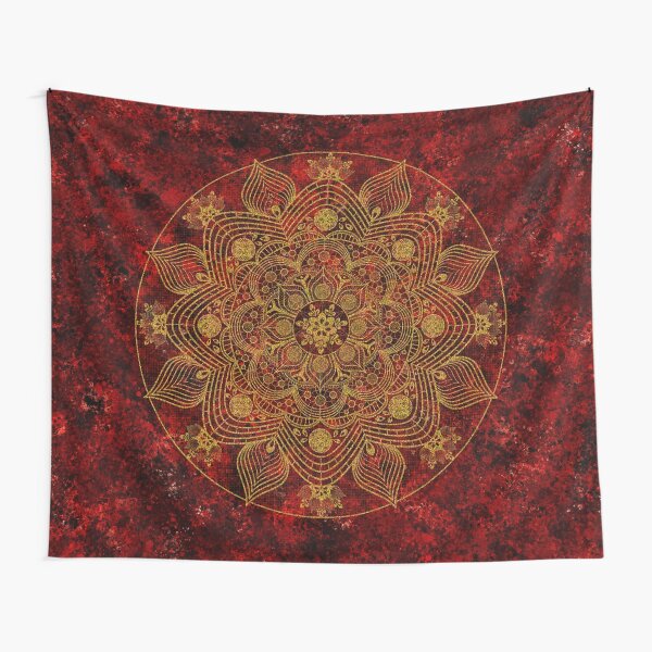 Exquisite Faux Red Gold Foil Lace Mandala on Mottled Red and Black Splatter Painted Effect Background Tapestry