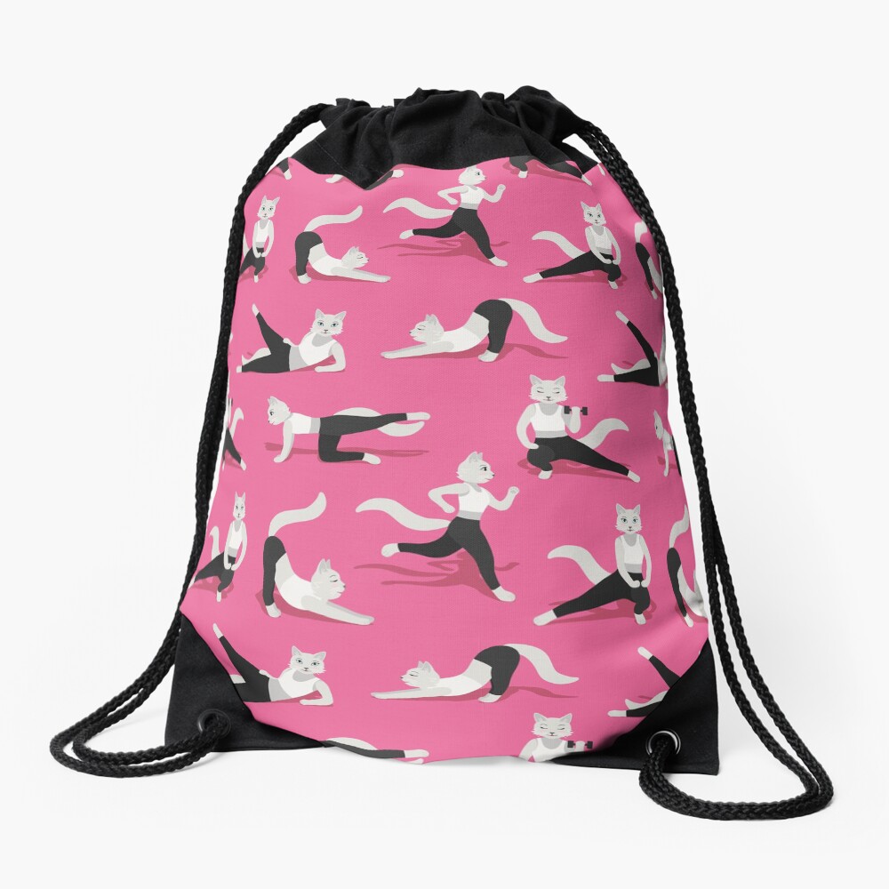 Fitness Cats on pink Drawstring Bag