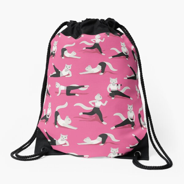 Fitness Cats on pink Drawstring Bag