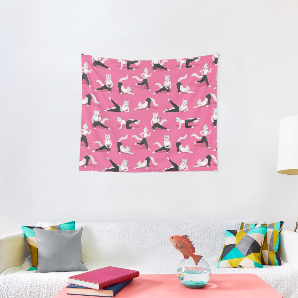 Fitness Cats on pink Tapestry