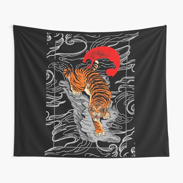 Illustration tiger with moon old school Tapestry