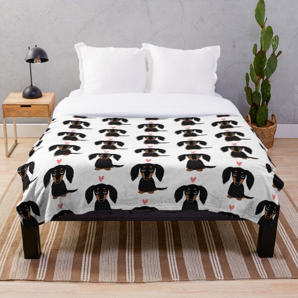 Black and Tan Longhaired Dachshund Cartoon Dog with Heart Throw Blanket