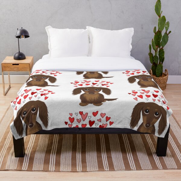 Longhaired Chocolate Dachshund Cartoon Dog with Valentine Hearts Throw Blanket