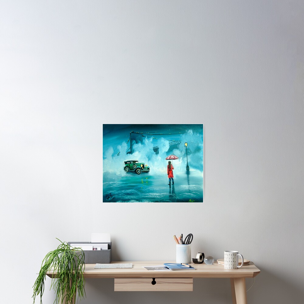 THE RENDEZVOUS rainy day red umbrella oil painting Poster