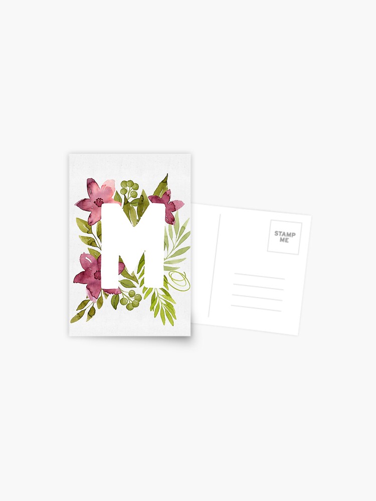 Letter M in watercolor flowers and leaves. Floral monogram