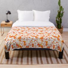 Orange and white tropical flowers silhouettes pattern Throw Blanket