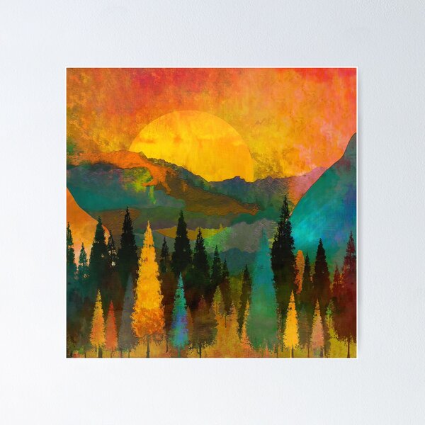 Item preview, Mountain Forest Sunset Painting Warm Orange Nature Art designed and sold by livianasgifts.