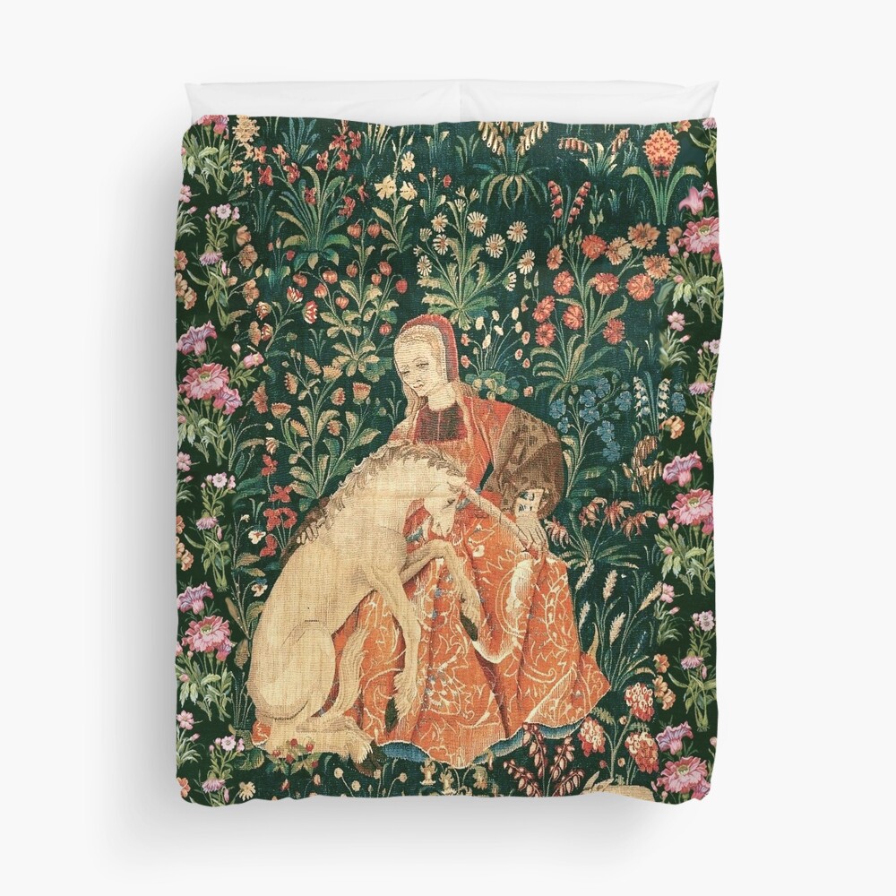 LADY AND UNICORN AMONG FLOWERS ,HARES,Red Green Floral Duvet Cover