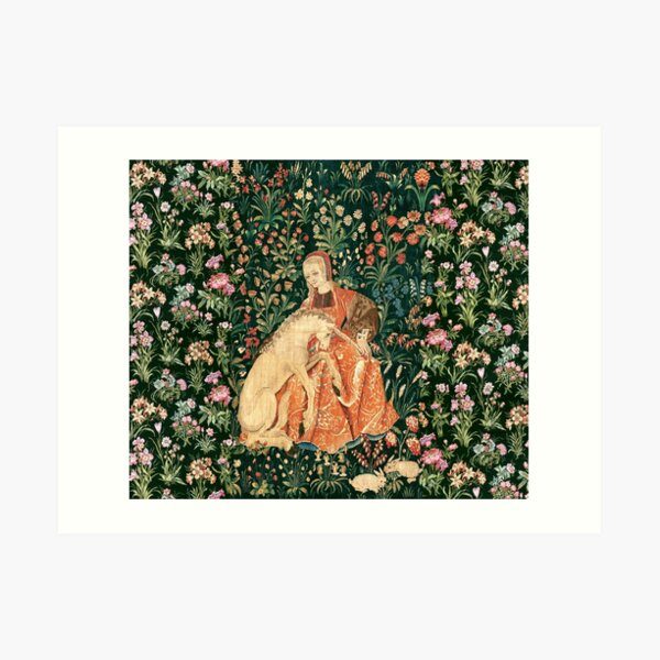 LADY AND UNICORN AMONG FLOWERS ,HARES,Red Green Floral Art Print