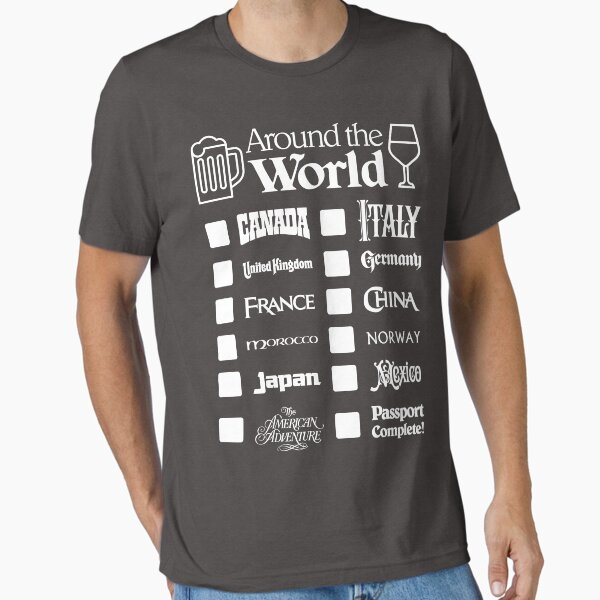Vista previa del artículo con la obra «Epcot Drink Around the World (texto en blanco, Canadá primero)», diseñado y vendido por enchanted-tees.