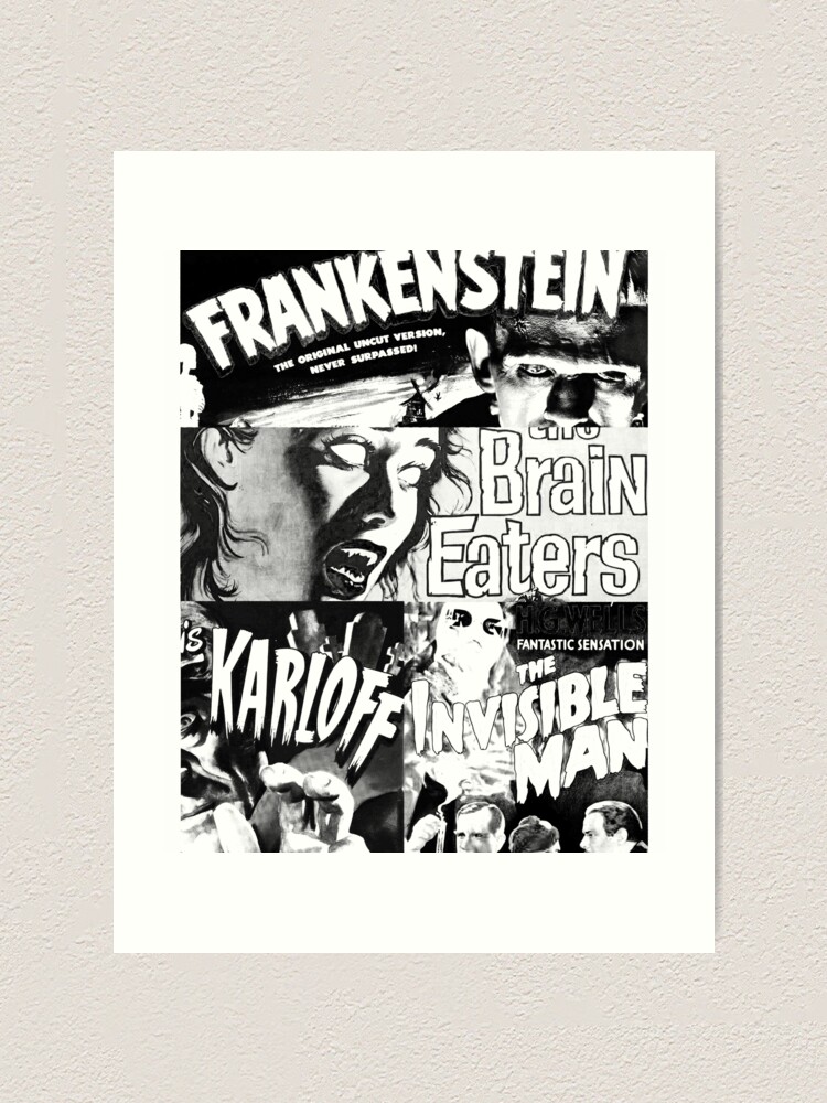 Retro Black and White Sci-fi Horror Scary Monster Movie Vintage Print  Collage - Classic Horror Science Fiction Movie Print | Art Print