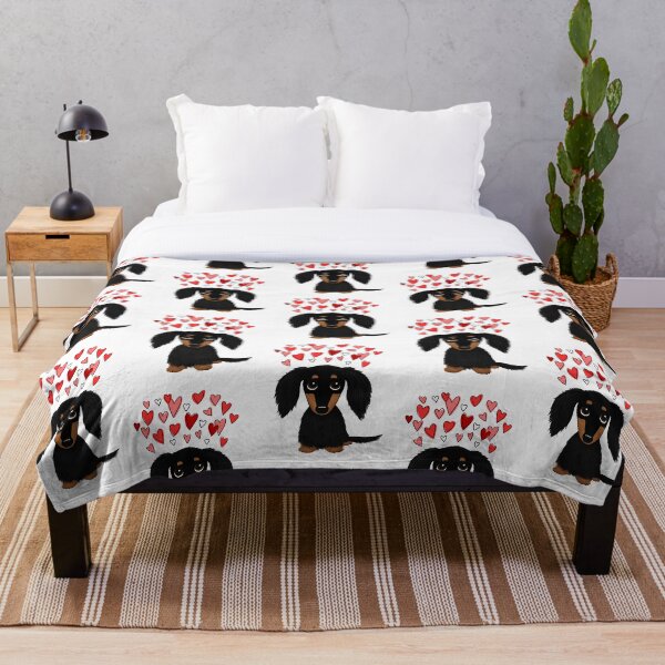 Black and Tan Longhaired Dachshund with Hearts Throw Blanket