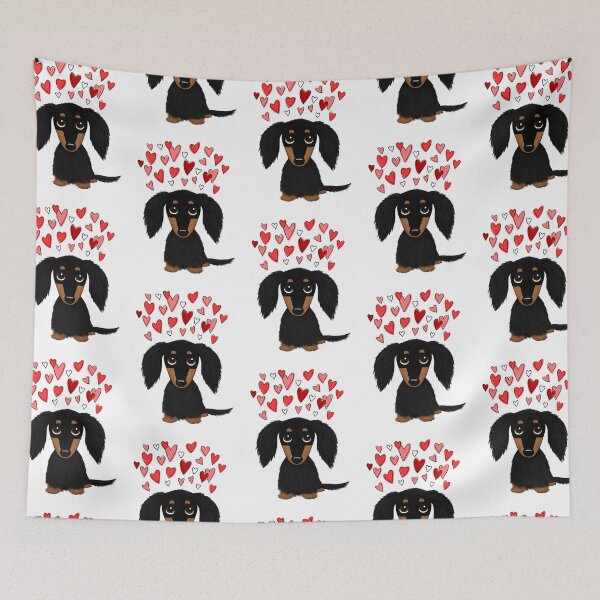 Item preview, Valentine Dog Black and Tan Longhaired Dachshund with Hearts designed and sold by Jenn Inashvili.