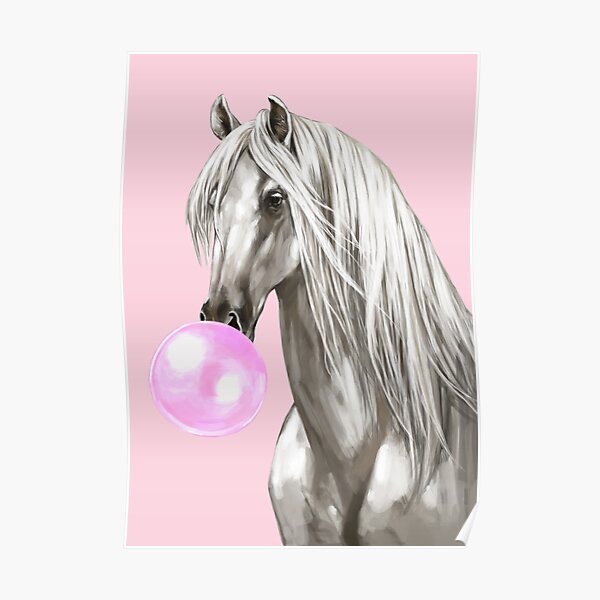 "White Horse with Bubble Gum in Pink" Poster by bignosework Redbubble