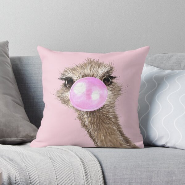 Sneaky Ostrich with Bubble Gum in Pink Throw Pillow