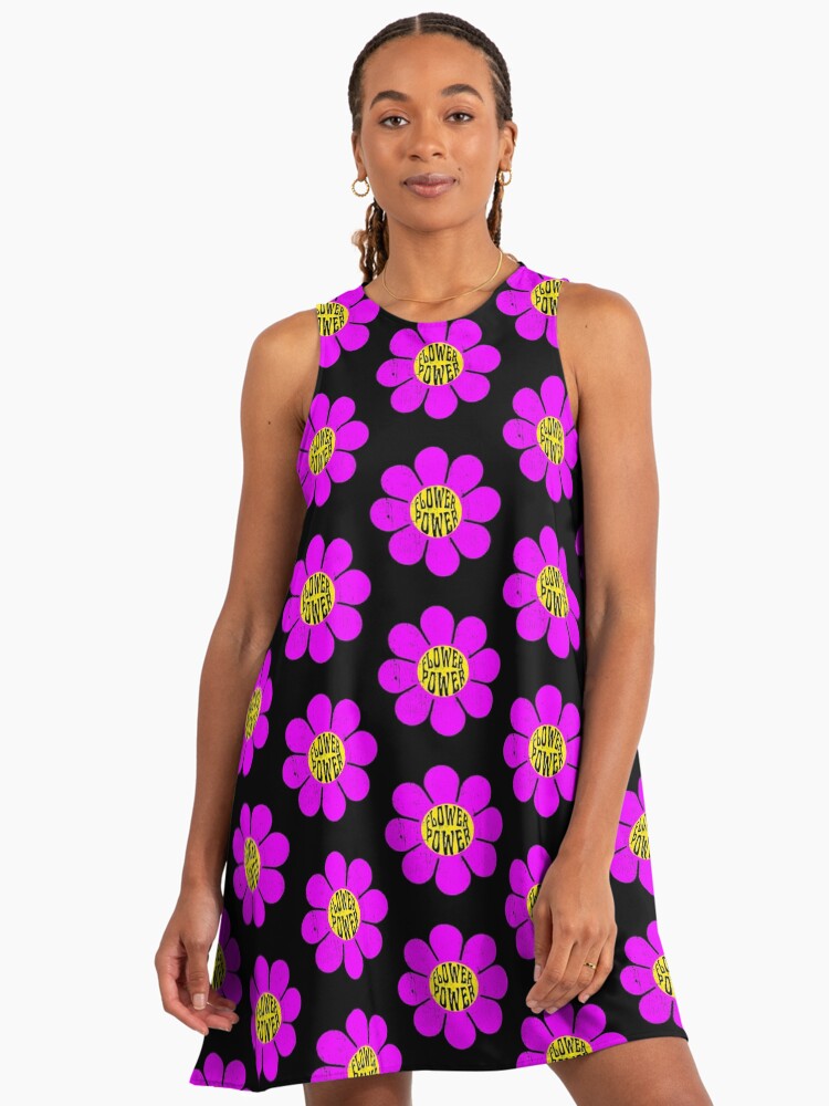 Flower Power 60's 70s Retro Vintage Hippie Gardening Purple Distressed Gardening A-Line Dress