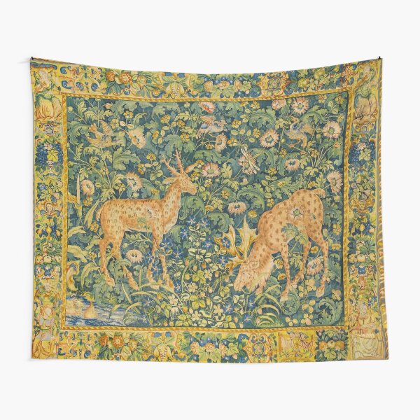 Item preview, FALLOW DEER PAIR,GOTHIC FANTASY FLOWERS,Green Yellow Floral Tapestry designed and sold by BulganLumini.