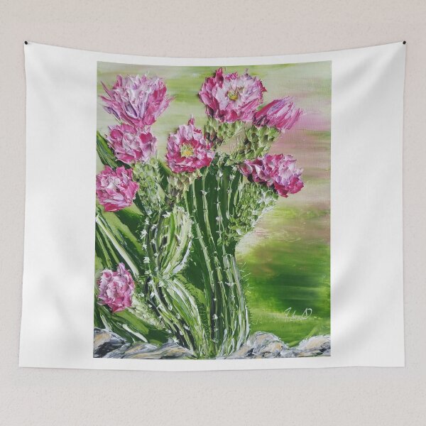 Item preview, cactus painting with pink flowers designed and sold by roxanegabriel.