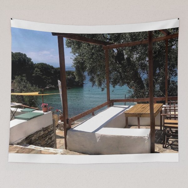 Item preview, Paradise view on blue sea and beach from Mediterranean balcony in Greece  designed and sold by Khala.