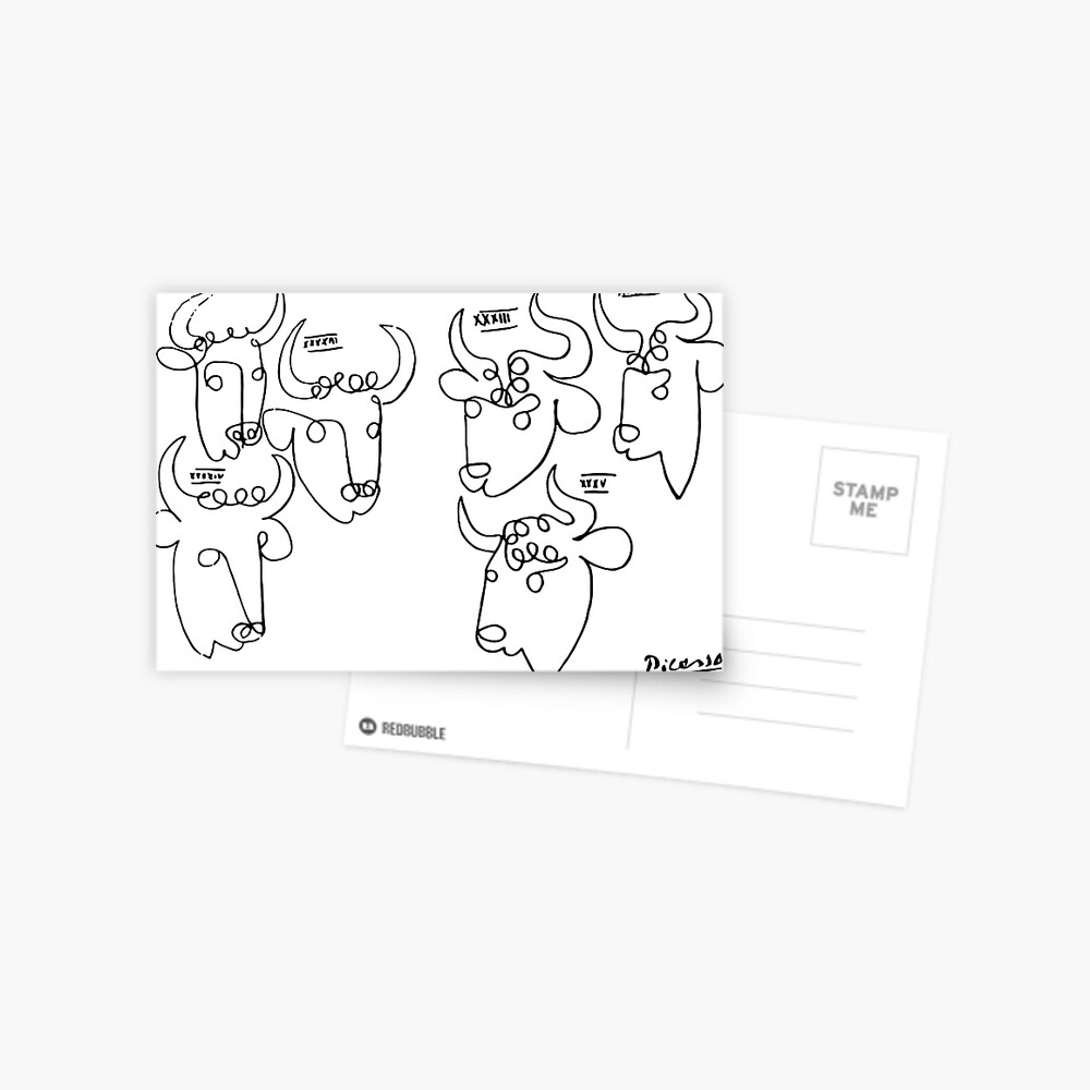 Pablo Picasso Bulls Artwork, Animals Line Sketch, Prints, Posters, Bags, Tshirts, Men, Women, Kids Postcard
