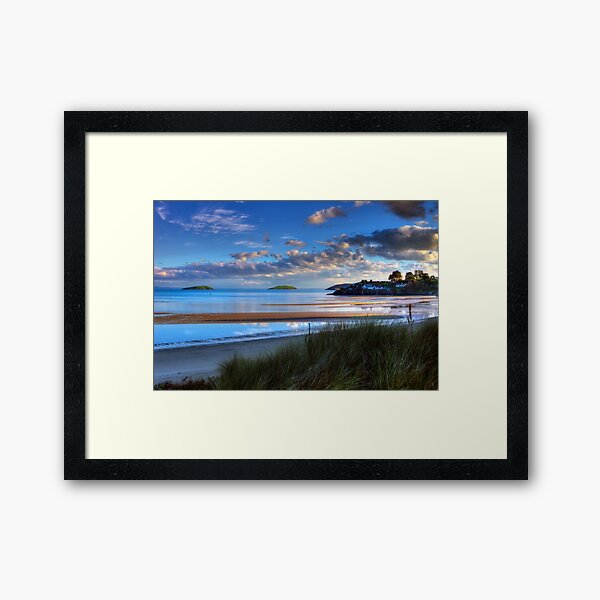 Abersoch Warren beach golden light and blue sea. Framed Art Print