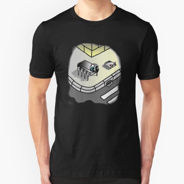 Funny design with big electronic integrated circuit, which is seeing a new and small package in a corner. Slim Fit T-Shirt