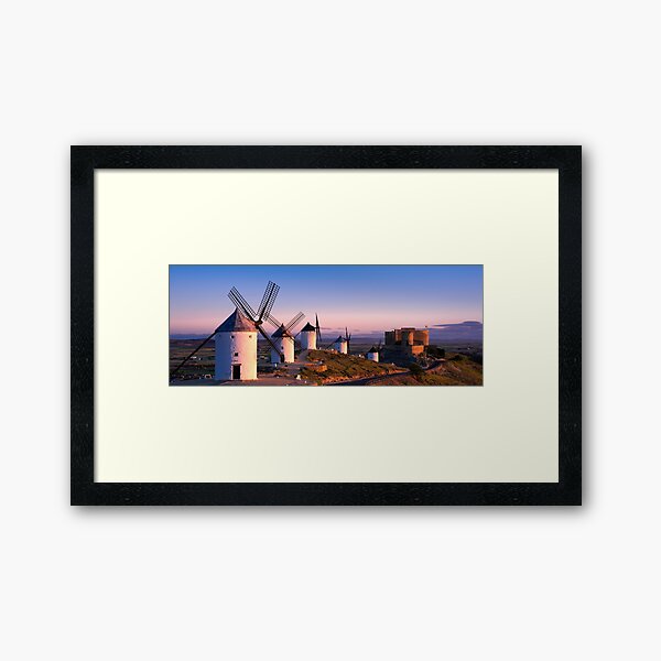 Windmills and Castle at Sunrise Framed Art Print