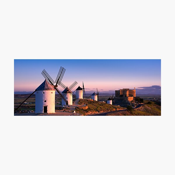Windmills and Castle at Sunrise Photographic Print