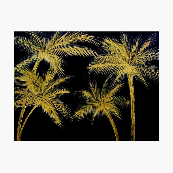 GOLDEN PALM TREE SUNSET TROPICAL BOTANICAL GOLD BLACK BLUE INK Photographic Print