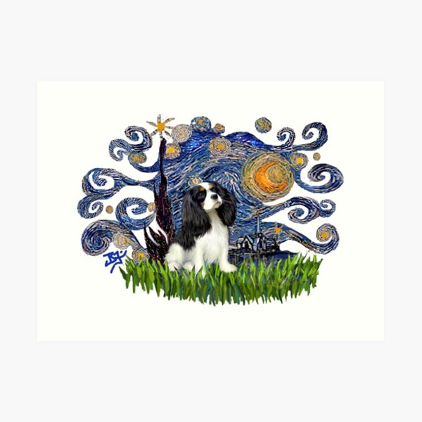 Starry Night Free Form with a Cavalier King Charles Spaniel (tri colored) Art Print